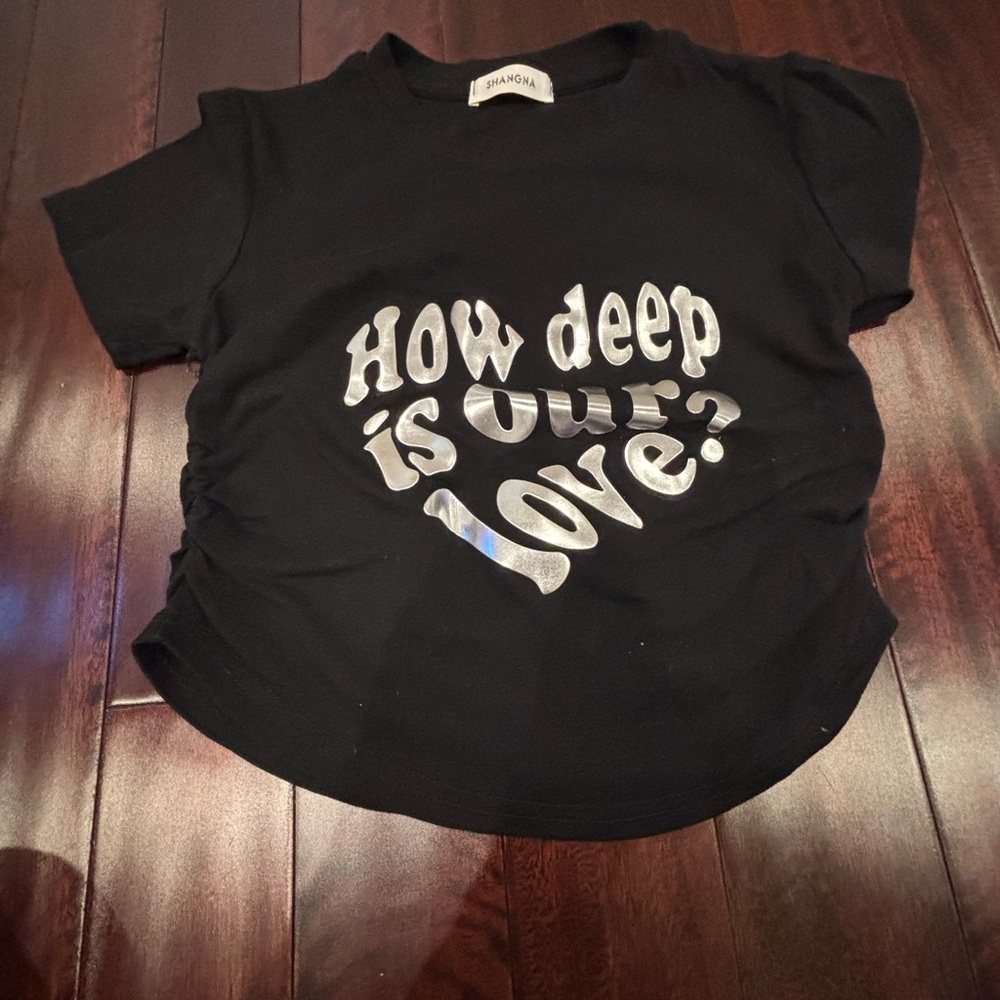 NWOT: Black Basic Fit Short Sleeve Tee With How Deep Is Our Love Letter Print
